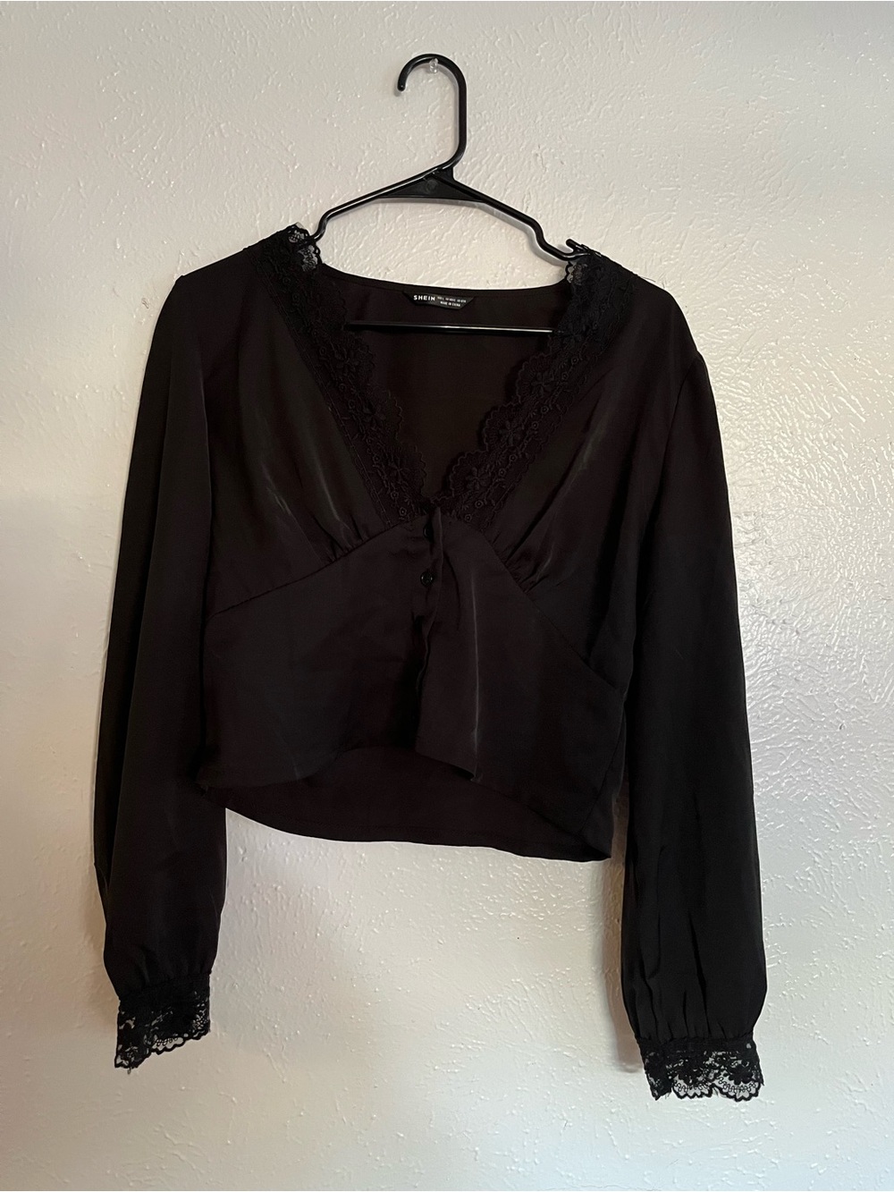 SHEIN Black Lace-Trim V-Neck Long Sleeve Blouse